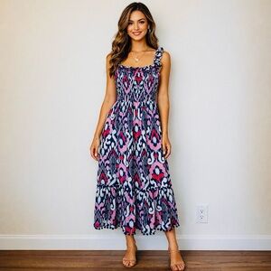 Crown & Ivy Tiered Midi Blue Pink Smocked Prairie Ruffle Dress Pockets Ikat Lrg